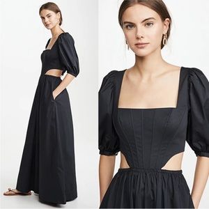 STAUD 00 Astro Black Maxi Dress Cutout Puff Sleeve